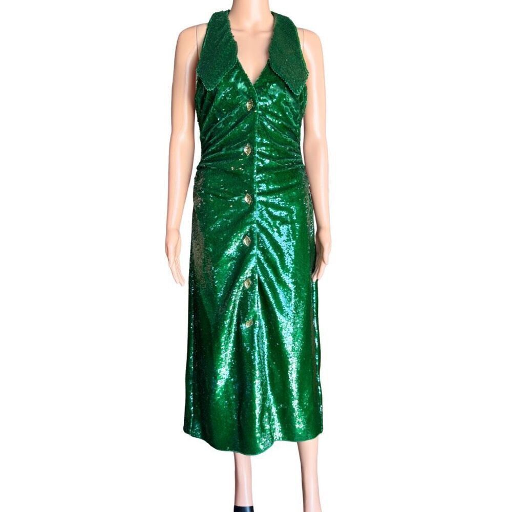 NWT Ganni Kelly Green Sequin Halter Midi Dress Ruched Jewel Button Party 36 US 4 - Picture 5 of 10